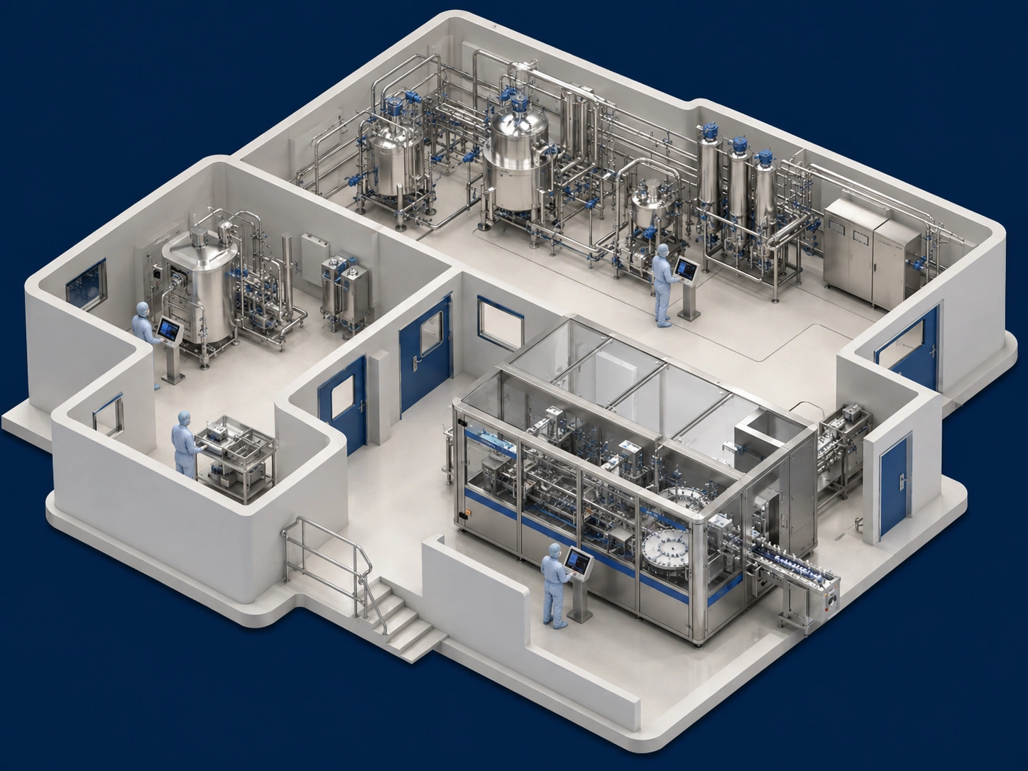 Illustration conceptuelle d’un atelier pharmaceutique avec cuves de fabrication et ligne de remplissage.